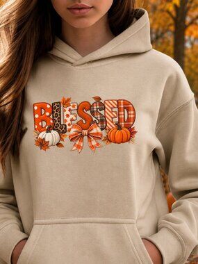 Blessed Fall HOODIE Graphic Sweatshirt Adult Applique Autumn Pumpkin Bow Plaid